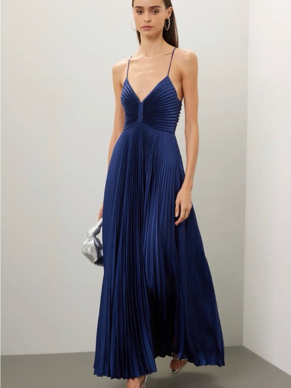A.L.C. Navy Pleated Spaghetti-Strap Maxi Dress with V-Neck